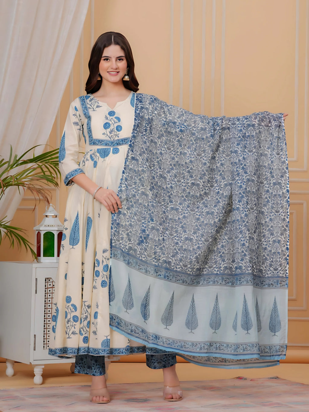 Ethnic Motifs Printed Anarkali Kurta With Pant & Dupatta, Aqua-Blue - Hiral Fashion | Grocsy