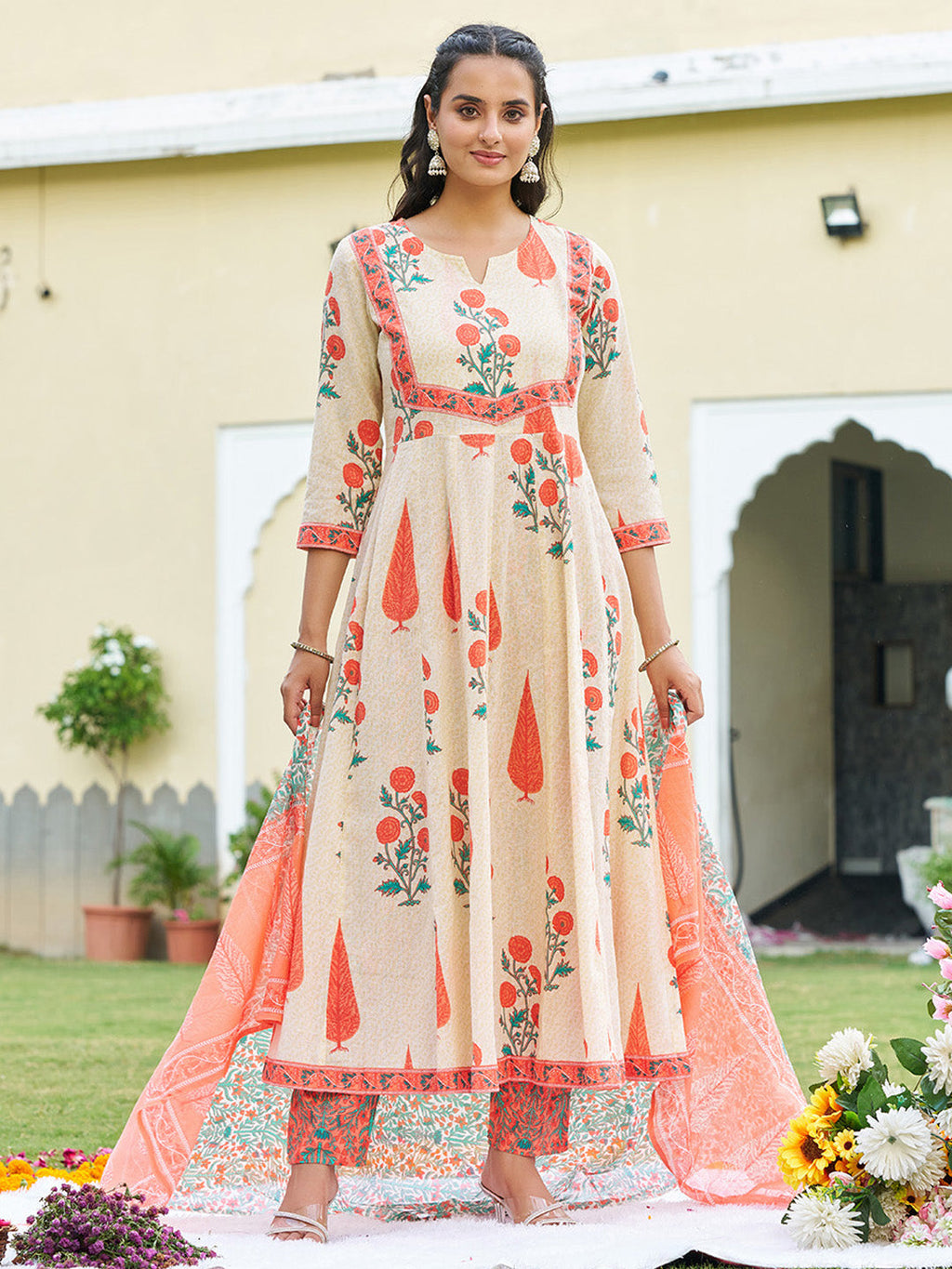 Ethnic Motifs Printed Anarkali Kurta With Pant & Dupatta, Orange - Hiral Fashion | Grocsy