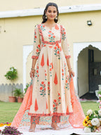 Ethnic Motifs Printed Anarkali Kurta With Pant & Dupatta, Orange - Hiral Fashion | Grocsy