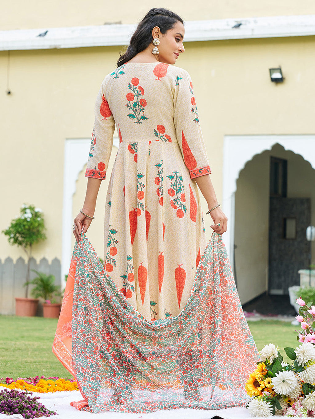 Ethnic Motifs Printed Anarkali Kurta With Pant & Dupatta, Orange - Hiral Fashion | Grocsy