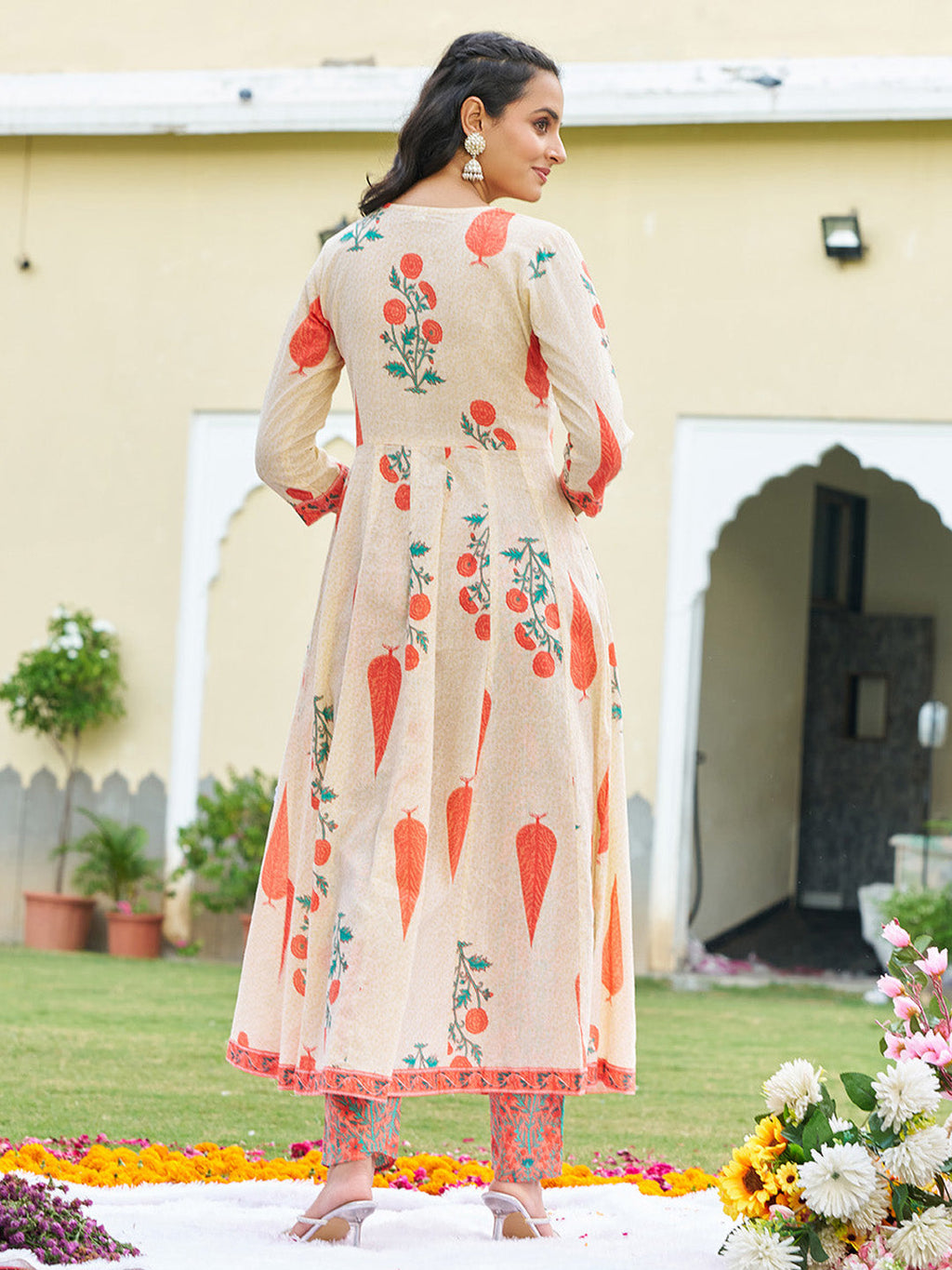 Ethnic Motifs Printed Anarkali Kurta With Pant & Dupatta, Orange - Hiral Fashion | Grocsy