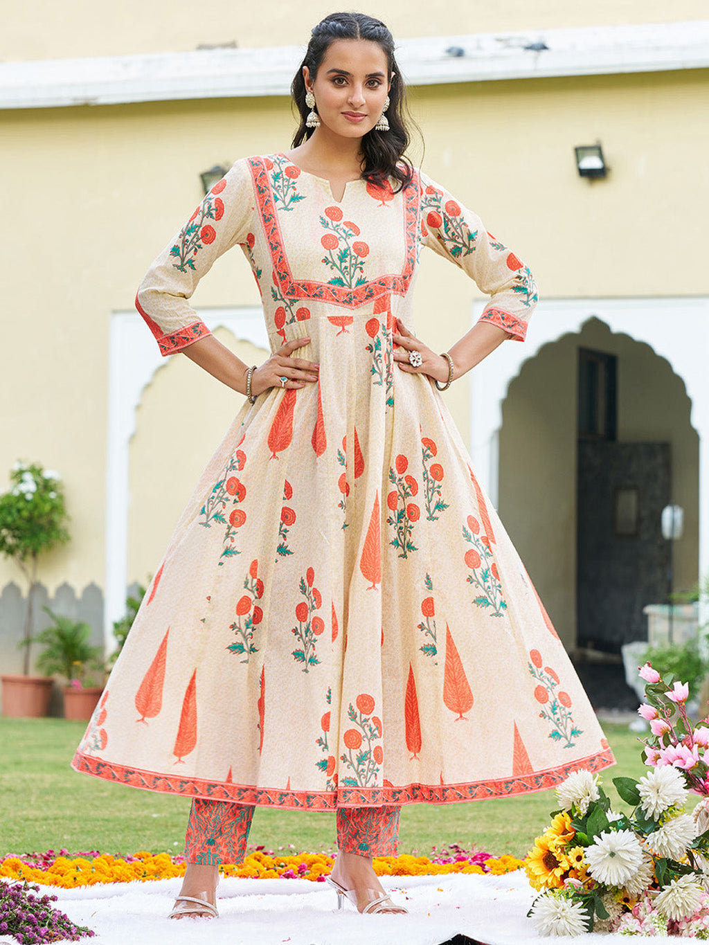 Ethnic Motifs Printed Anarkali Kurta With Pant & Dupatta, Orange - Hiral Fashion | Grocsy