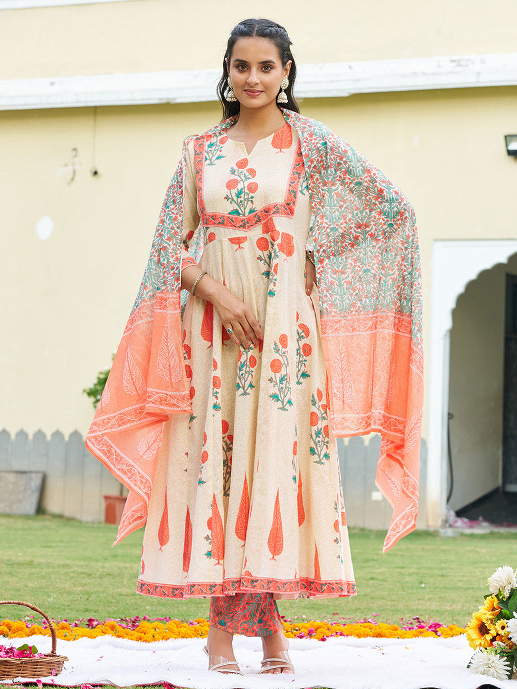 Ethnic Motifs Printed Anarkali Kurta With Pant & Dupatta, Orange - Hiral Fashion | Grocsy