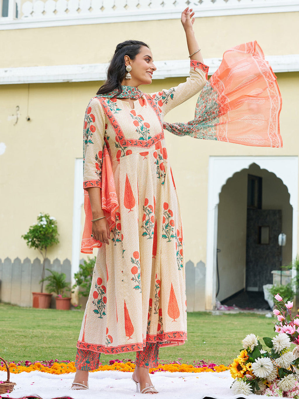 Ethnic Motifs Printed Anarkali Kurta With Pant & Dupatta, Orange - Hiral Fashion | Grocsy