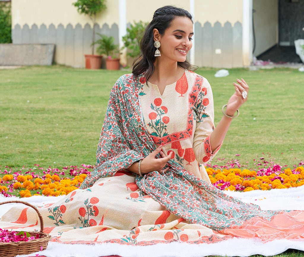 Ethnic Motifs Printed Anarkali Kurta With Pant & Dupatta, Orange - Hiral Fashion | Grocsy