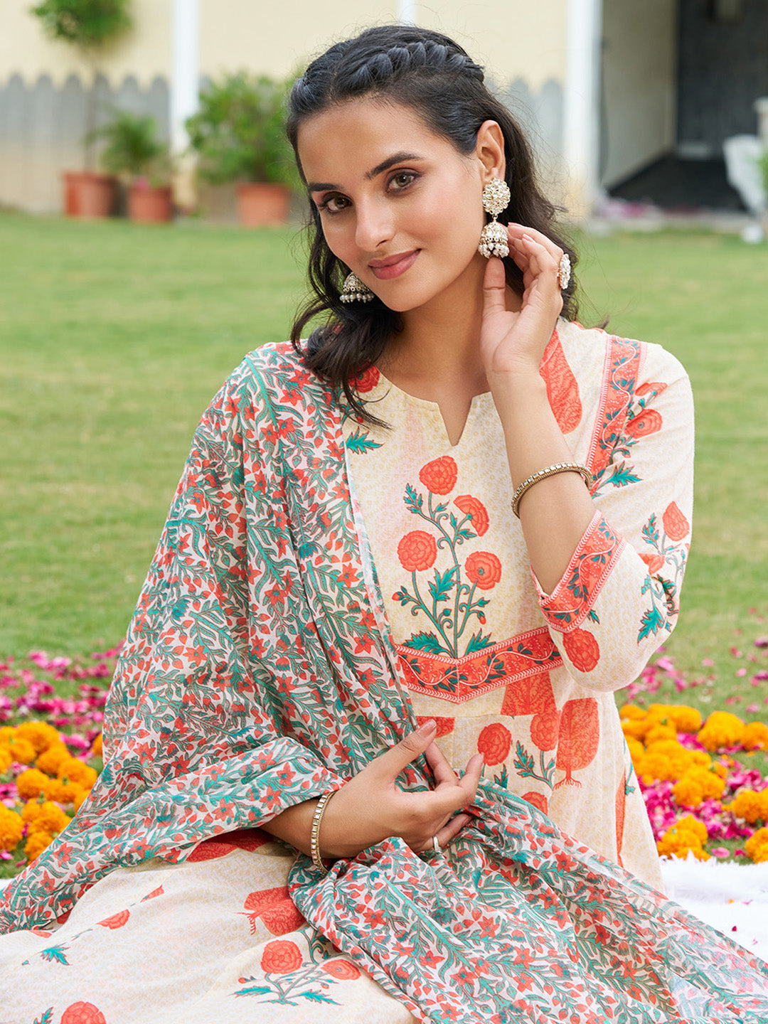Ethnic Motifs Printed Anarkali Kurta With Pant & Dupatta, Orange - Hiral Fashion | Grocsy