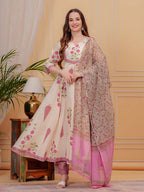 Ethnic Motifs Printed Anarkali Kurta With Pant & Dupatta, Pink - Hiral Fashion | Grocsy