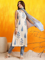 Ethnic Motifs Printed Kurta With Pant & Printed Dupatta, Aqua-Blue - Hiral Fashion | Grocsy