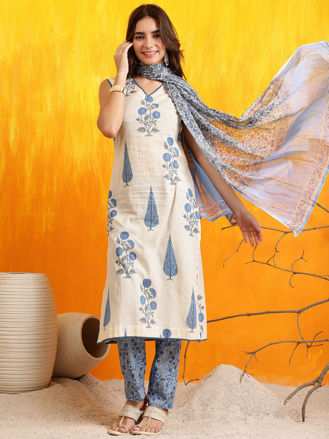 Ethnic Motifs Printed Kurta With Pant & Printed Dupatta, Aqua-Blue - Hiral Fashion | Grocsy