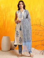 Ethnic Motifs Printed Kurta With Pant & Printed Dupatta, Aqua-Blue - Hiral Fashion | Grocsy