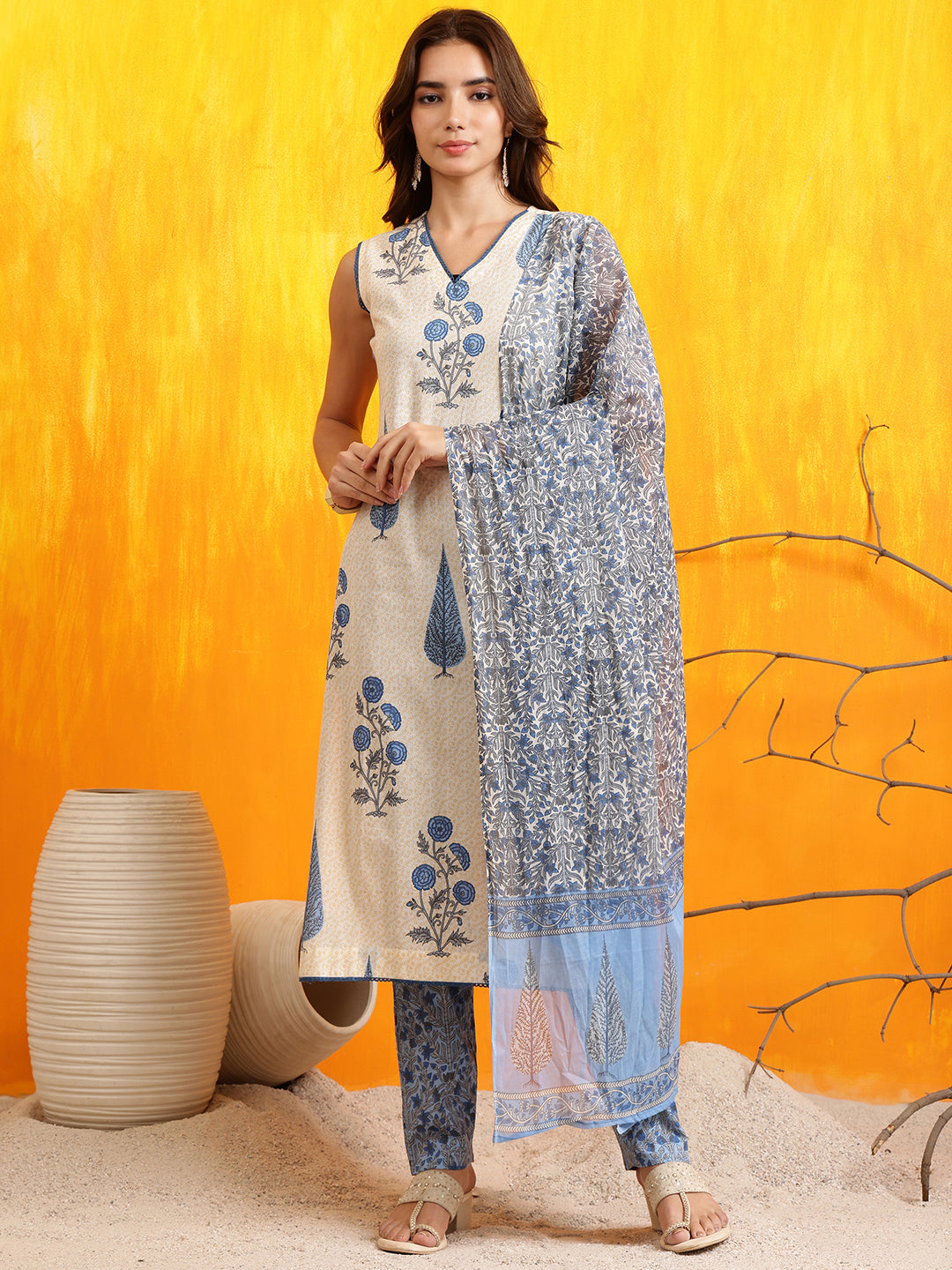 Ethnic Motifs Printed Kurta With Pant & Printed Dupatta, Aqua-Blue - Hiral Fashion | Grocsy