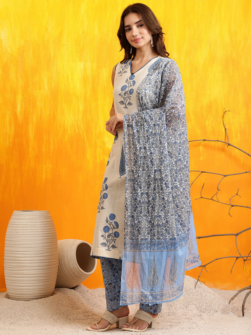 Ethnic Motifs Printed Kurta With Pant & Printed Dupatta, Aqua-Blue - Hiral Fashion | Grocsy