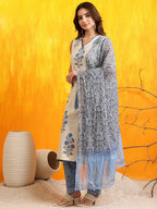 Ethnic Motifs Printed Kurta With Pant & Printed Dupatta, Aqua-Blue - Hiral Fashion | Grocsy