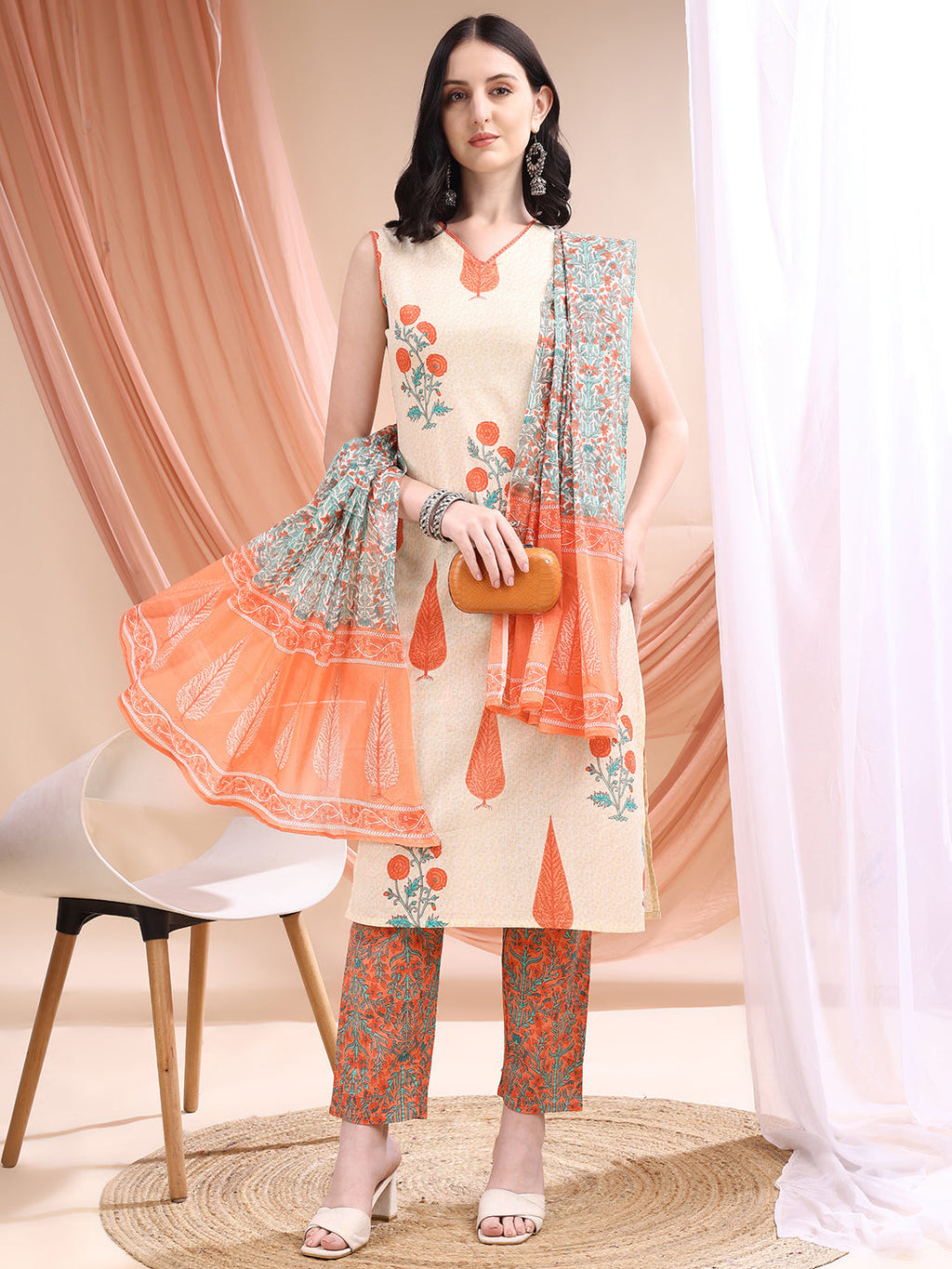 Ethnic Motifs Printed Kurta With Pant & Printed Dupatta, Orange - Hiral Fashion | Grocsy