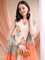Ethnic Motifs Printed Kurta With Pant & Printed Dupatta, Orange - Hiral Fashion | Grocsy