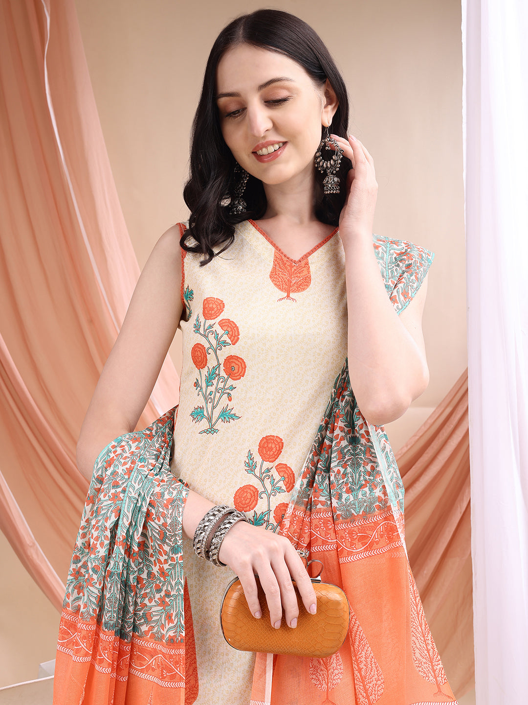 Ethnic Motifs Printed Kurta With Pant & Printed Dupatta, Orange - Hiral Fashion | Grocsy