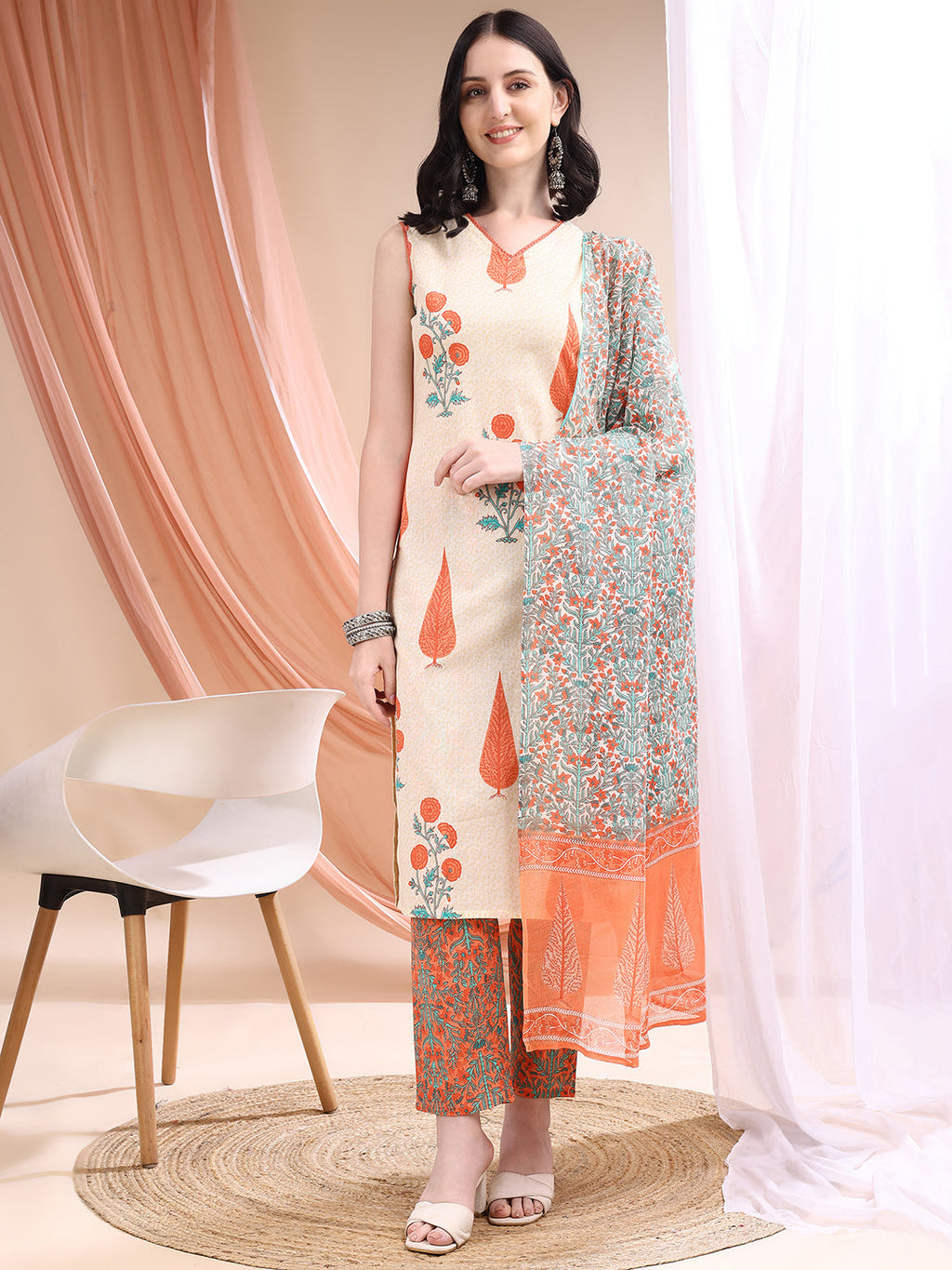 Ethnic Motifs Printed Kurta With Pant & Printed Dupatta, Orange - Hiral Fashion | Grocsy