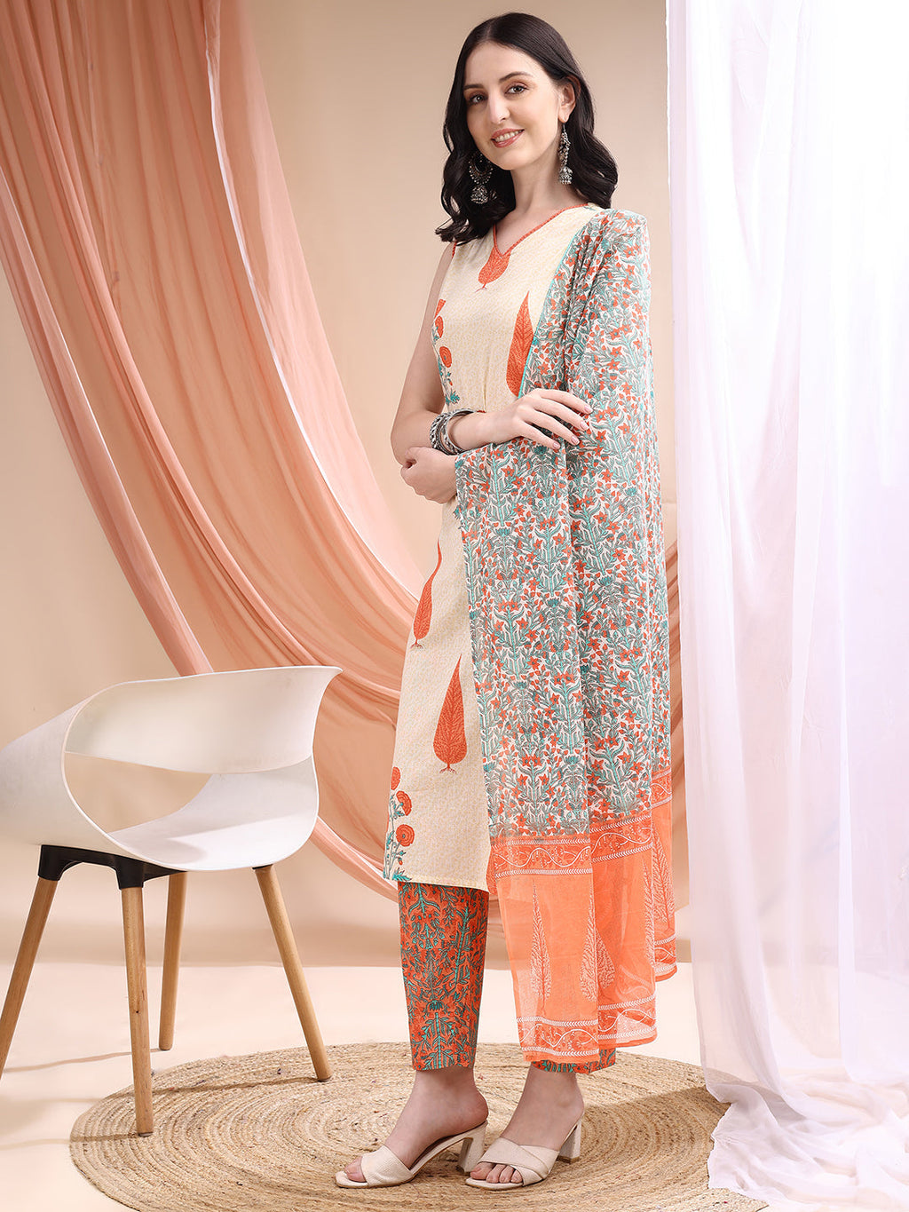 Ethnic Motifs Printed Kurta With Pant & Printed Dupatta, Orange - Hiral Fashion | Grocsy