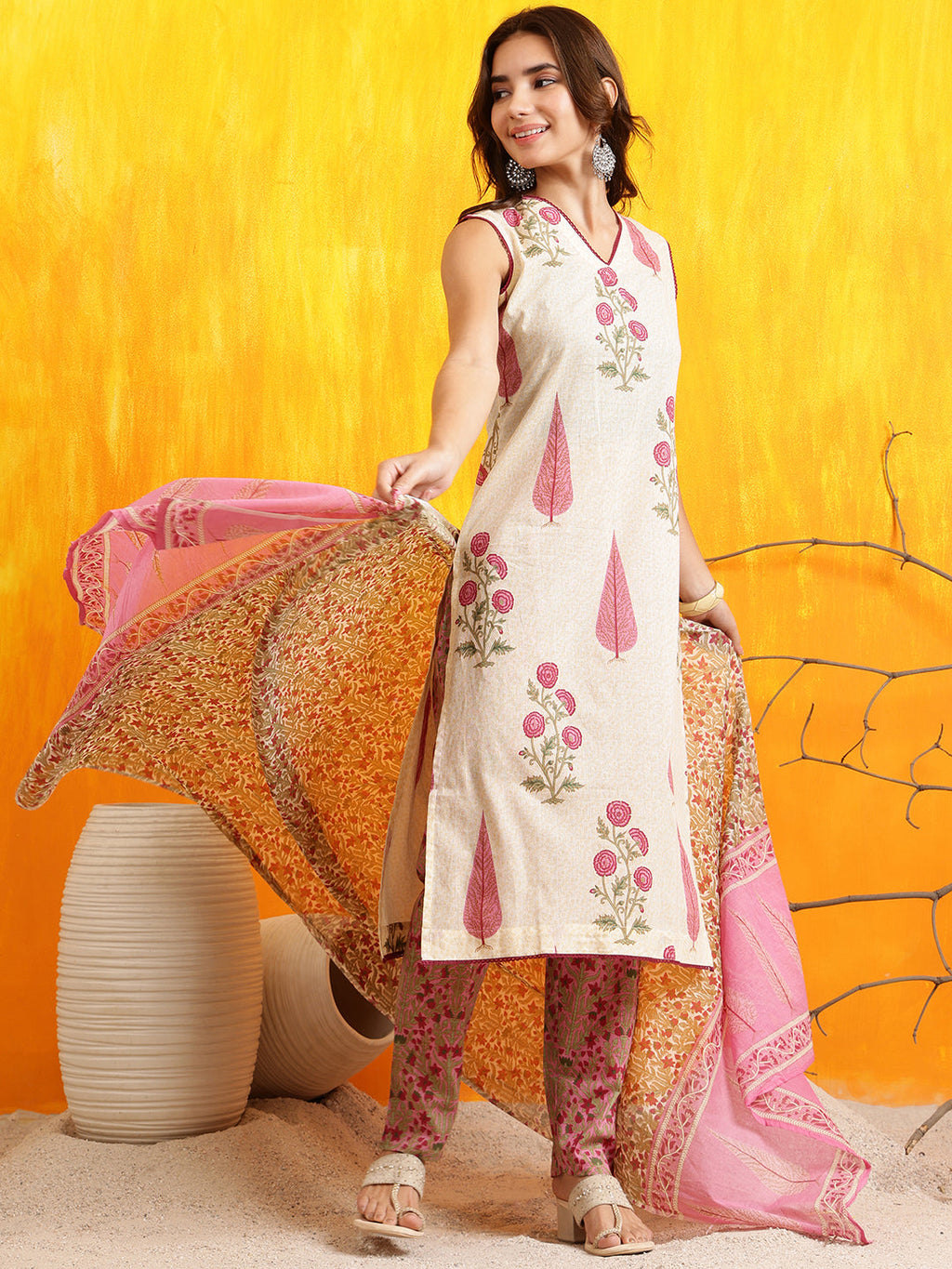 Ethnic Motifs Printed Kurta With Pant & Printed Dupatta, Pink - Hiral Fashion | Grocsy