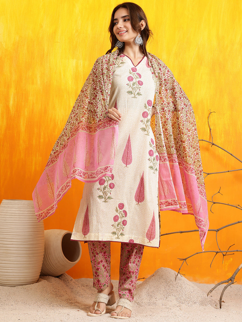 Ethnic Motifs Printed Kurta With Pant & Printed Dupatta, Pink - Hiral Fashion | Grocsy