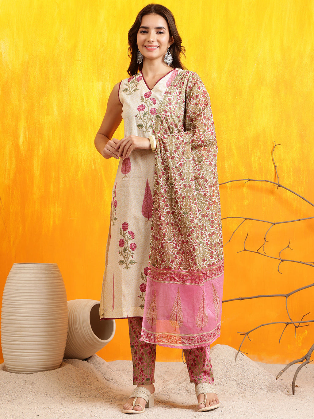 Ethnic Motifs Printed Kurta With Pant & Printed Dupatta, Pink - Hiral Fashion | Grocsy