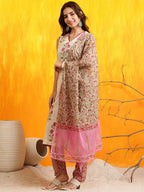 Ethnic Motifs Printed Kurta With Pant & Printed Dupatta, Pink - Hiral Fashion | Grocsy