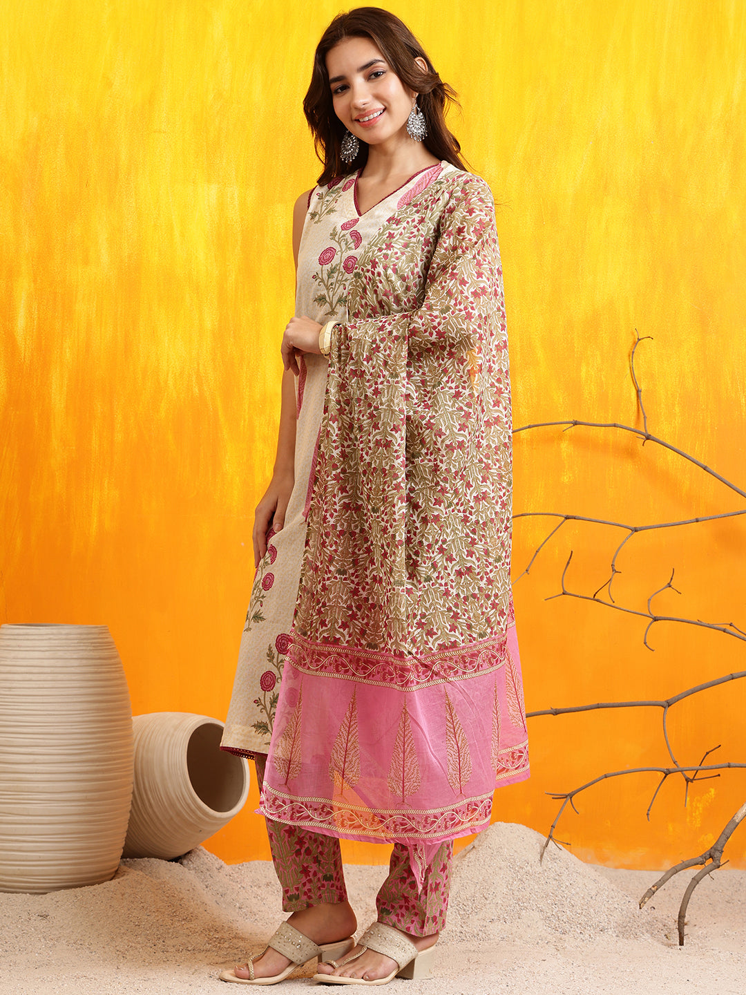 Ethnic Motifs Printed Kurta With Pant & Printed Dupatta, Pink - Hiral Fashion | Grocsy