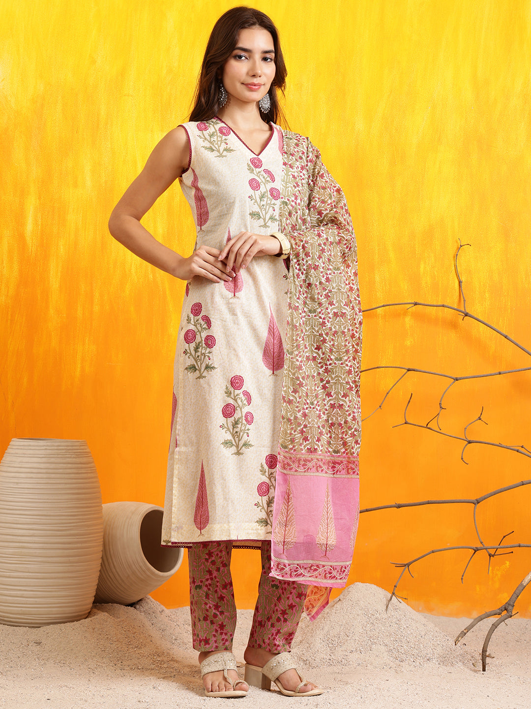 Ethnic Motifs Printed Kurta With Pant & Printed Dupatta, Pink - Hiral Fashion | Grocsy