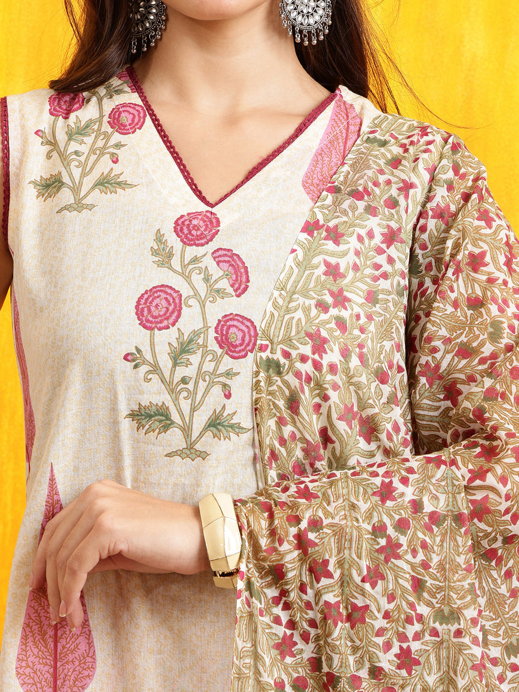 Ethnic Motifs Printed Kurta With Pant & Printed Dupatta, Pink - Hiral Fashion | Grocsy