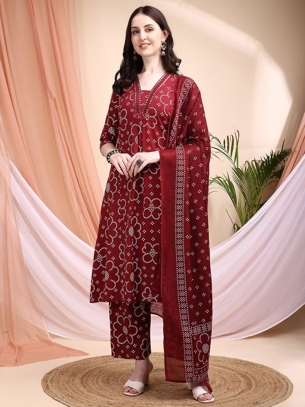 Embroidered & Bandhni A-Line Printed Kurta With Pant & Coordinated Dupatta, Maroon - Hiral Fashion | Grocsy