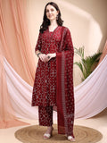 Embroidered & Bandhni A-Line Printed Kurta With Pant & Coordinated Dupatta, Maroon - Hiral Fashion | Grocsy