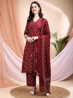 Embroidered & Bandhni A-Line Printed Kurta With Pant & Coordinated Dupatta, Maroon - Hiral Fashion | Grocsy