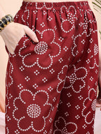 Embroidered & Bandhni A-Line Printed Kurta With Pant & Coordinated Dupatta, Maroon - Hiral Fashion | Grocsy
