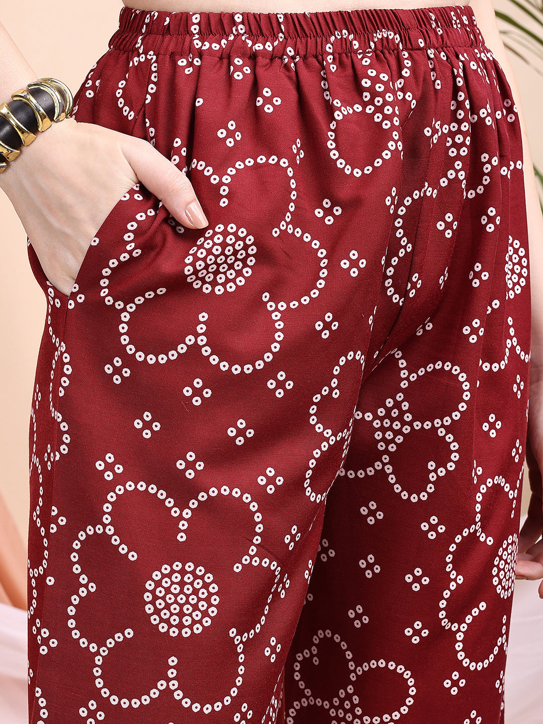 Embroidered & Bandhni A-Line Printed Kurta With Pant & Coordinated Dupatta, Maroon - Hiral Fashion | Grocsy