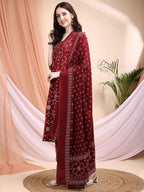 Embroidered & Bandhni A-Line Printed Kurta With Pant & Coordinated Dupatta, Maroon - Hiral Fashion | Grocsy
