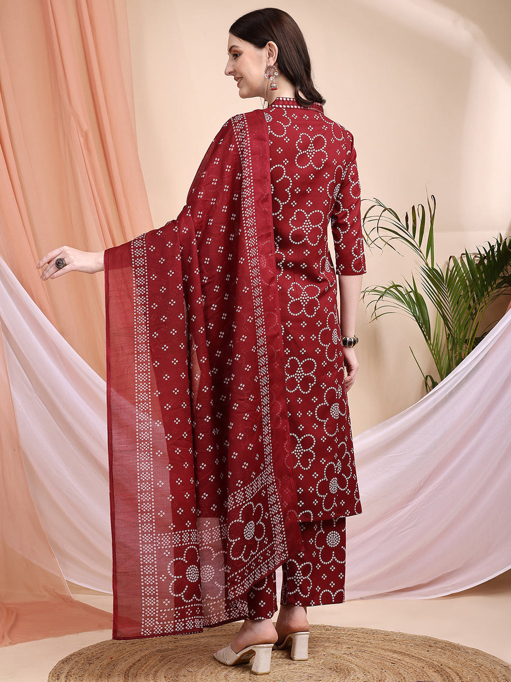 Embroidered & Bandhni A-Line Printed Kurta With Pant & Coordinated Dupatta, Maroon - Hiral Fashion | Grocsy