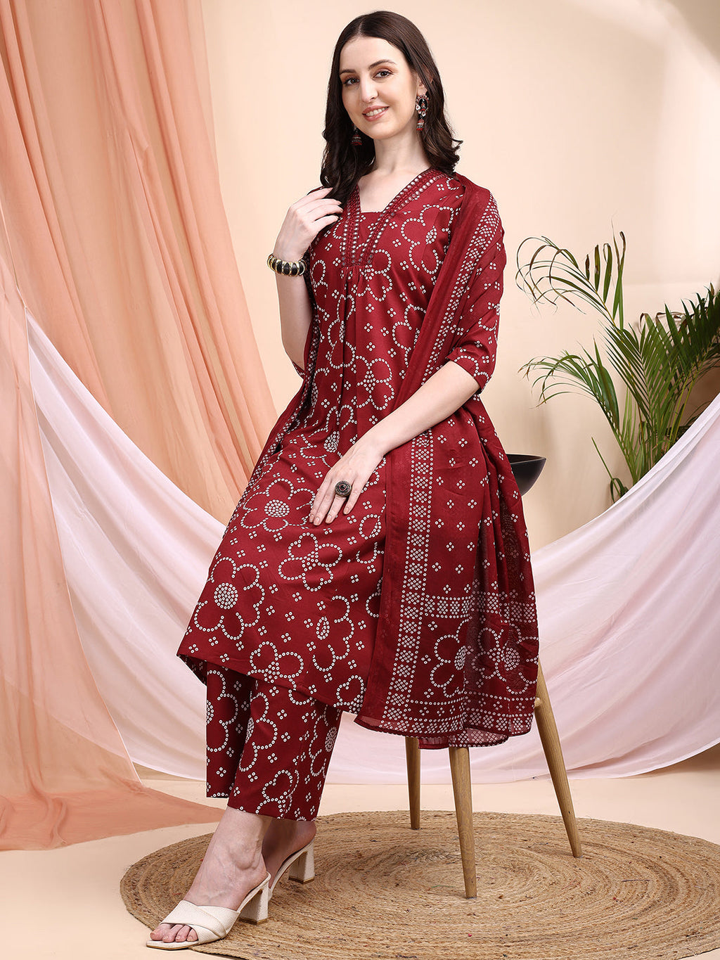 Embroidered & Bandhni A-Line Printed Kurta With Pant & Coordinated Dupatta, Maroon - Hiral Fashion | Grocsy