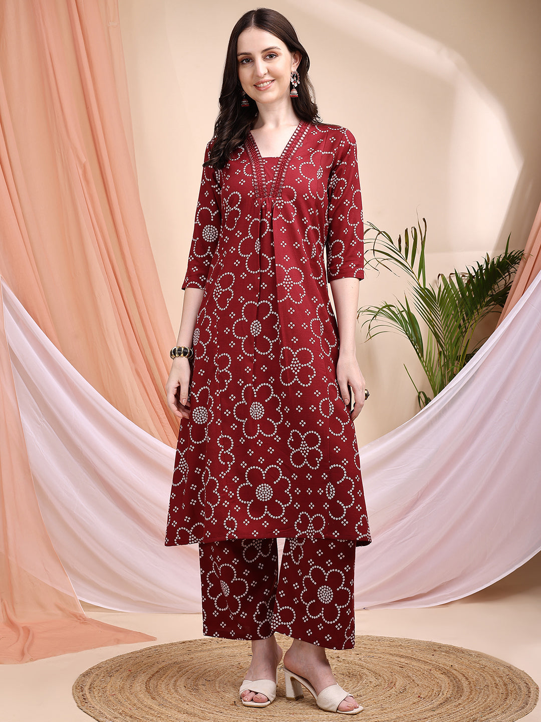 Embroidered & Bandhni A-Line Printed Kurta With Pant & Coordinated Dupatta, Maroon - Hiral Fashion | Grocsy