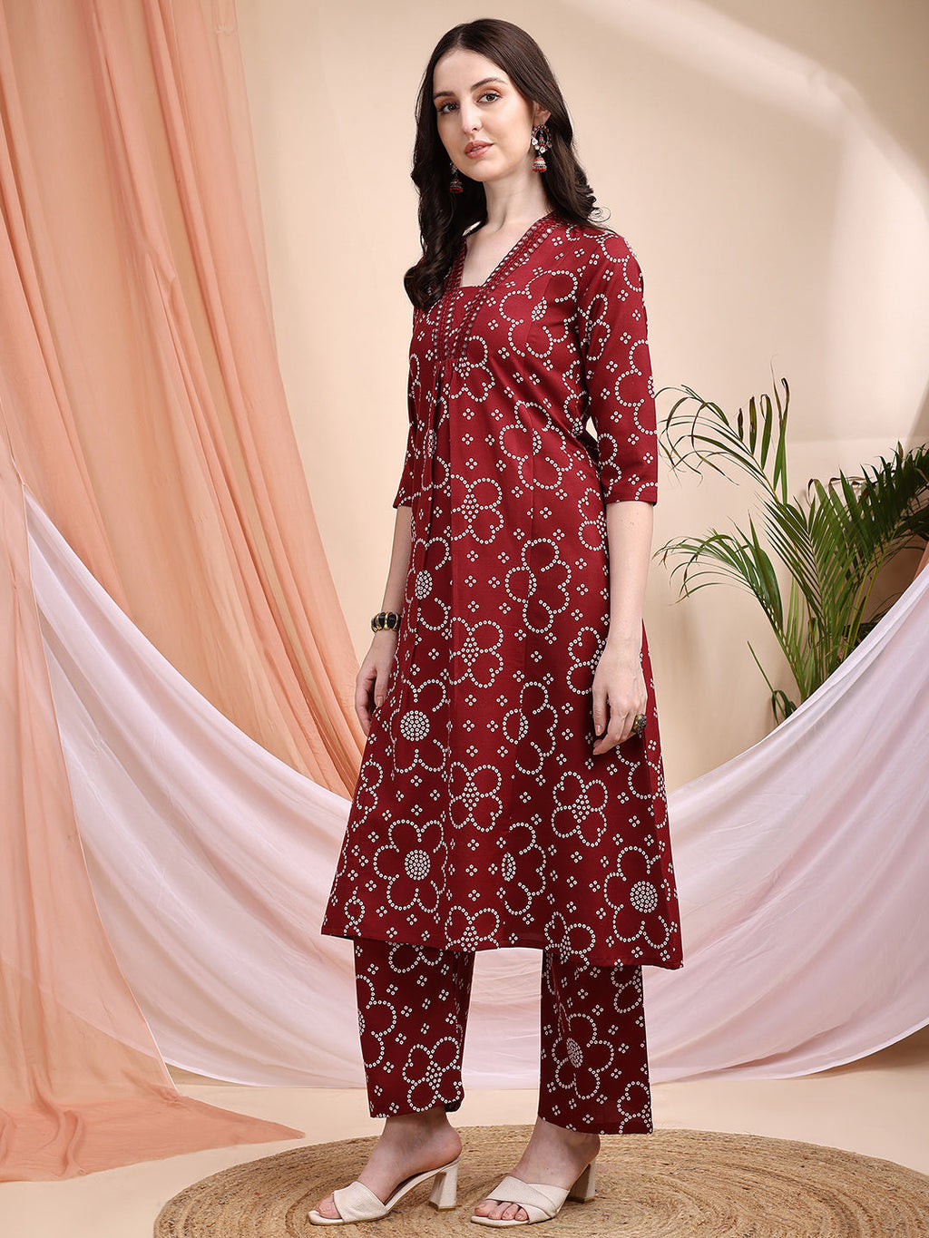 Embroidered & Bandhni A-Line Printed Kurta With Pant & Coordinated Dupatta, Maroon - Hiral Fashion | Grocsy