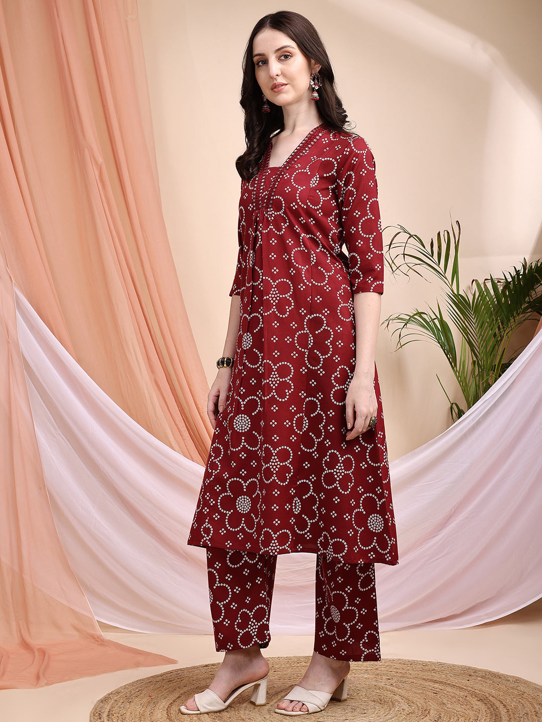 Embroidered & Bandhni A-Line Printed Kurta With Pant & Coordinated Dupatta, Maroon - Hiral Fashion | Grocsy