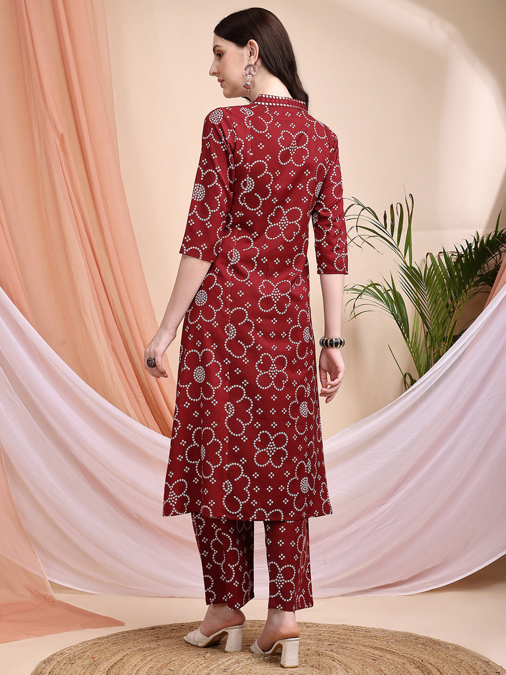 Embroidered & Bandhni A-Line Printed Kurta With Pant & Coordinated Dupatta, Maroon - Hiral Fashion | Grocsy