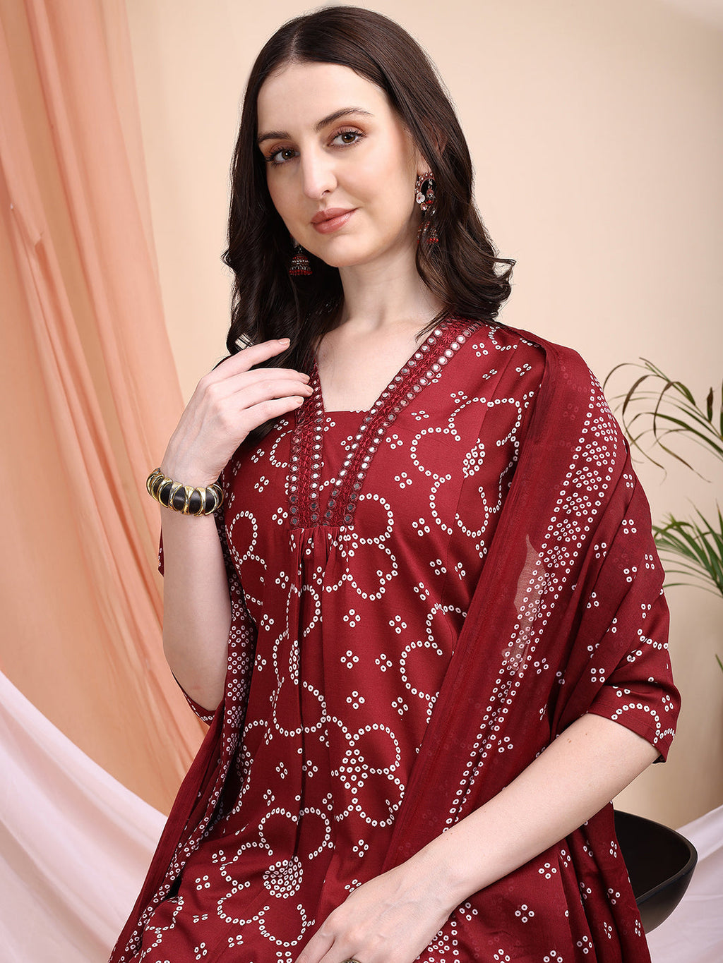 Embroidered & Bandhni A-Line Printed Kurta With Pant & Coordinated Dupatta, Maroon - Hiral Fashion | Grocsy