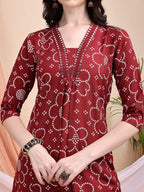 Embroidered & Bandhni A-Line Printed Kurta With Pant & Coordinated Dupatta, Maroon - Hiral Fashion | Grocsy