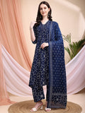 Embroidered & Bandhni A-Line Printed Kurta With Pant & Coordinated Dupatta, Navy Blue - Hiral Fashion | Grocsy