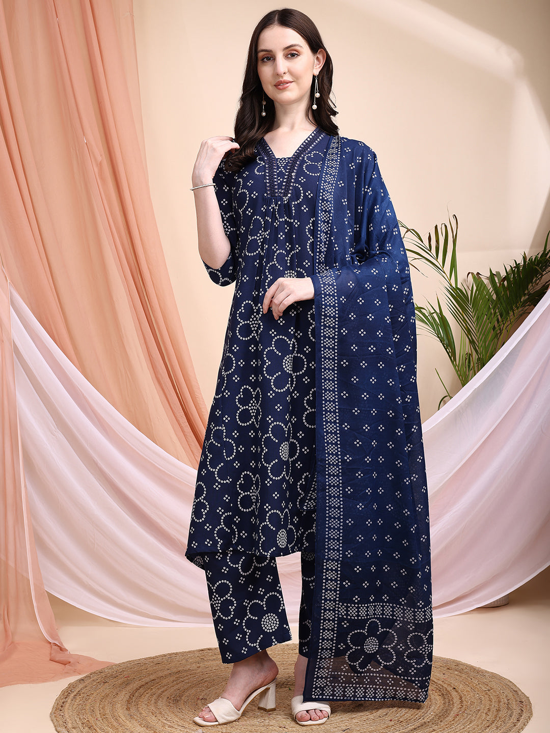 Embroidered & Bandhni A-Line Printed Kurta With Pant & Coordinated Dupatta, Navy Blue - Hiral Fashion | Grocsy