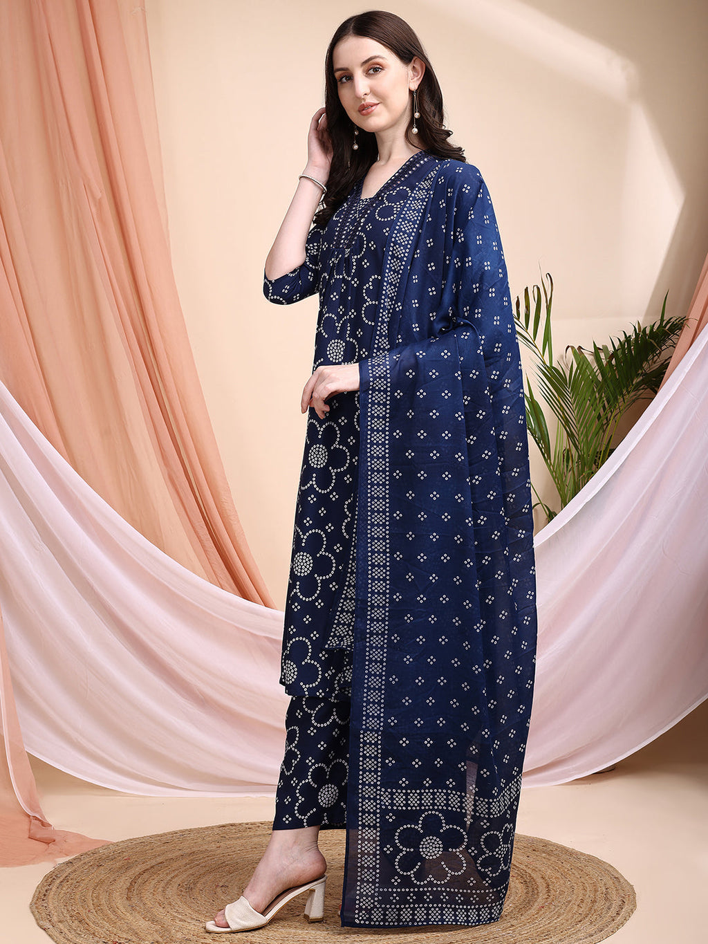 Embroidered & Bandhni A-Line Printed Kurta With Pant & Coordinated Dupatta, Navy Blue - Hiral Fashion | Grocsy