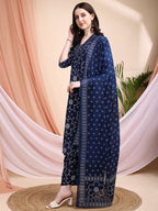 Embroidered & Bandhni A-Line Printed Kurta With Pant & Coordinated Dupatta, Navy Blue - Hiral Fashion | Grocsy
