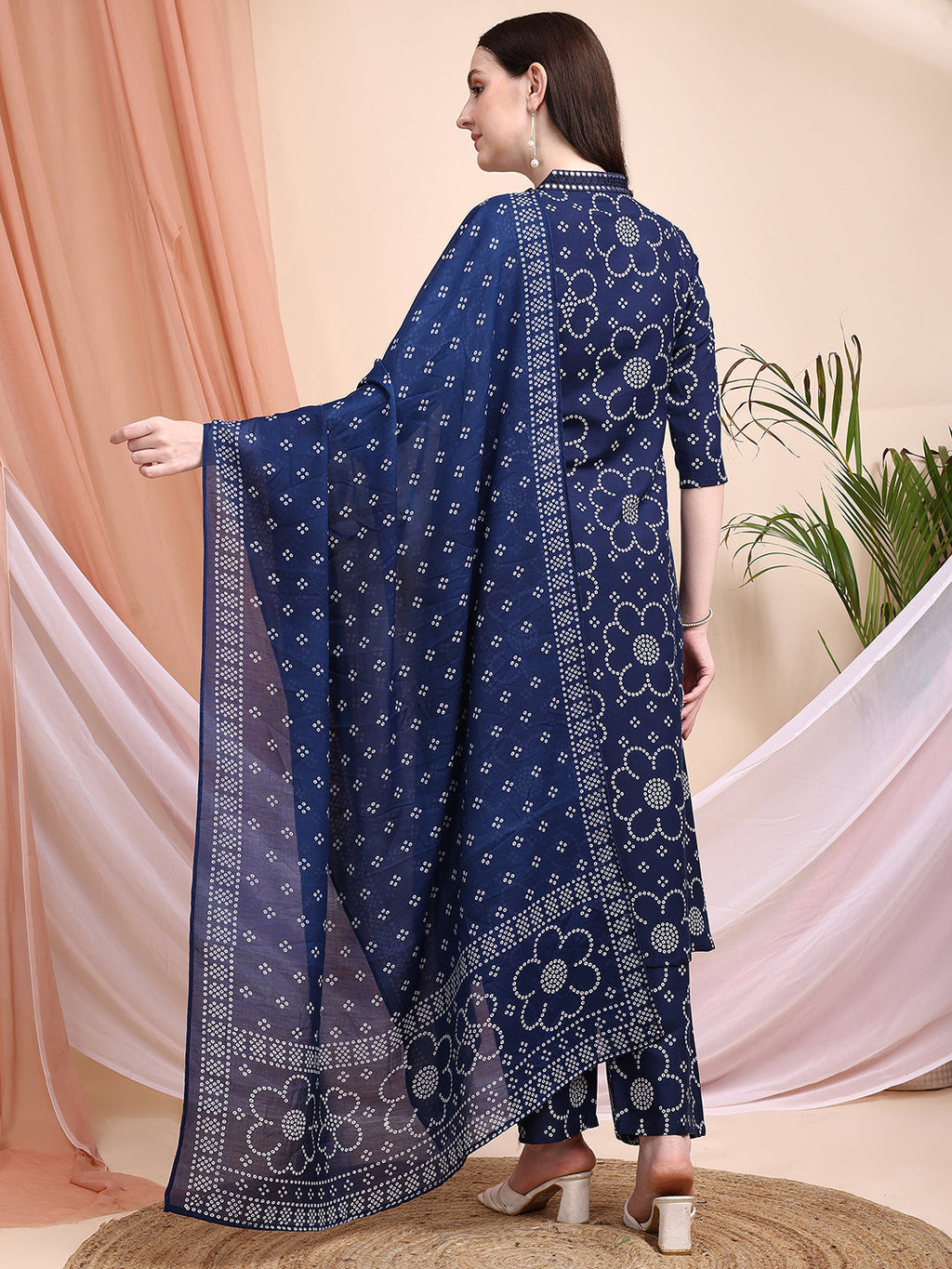 Embroidered & Bandhni A-Line Printed Kurta With Pant & Coordinated Dupatta, Navy Blue - Hiral Fashion | Grocsy