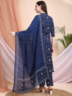 Embroidered & Bandhni A-Line Printed Kurta With Pant & Coordinated Dupatta, Navy Blue - Hiral Fashion | Grocsy