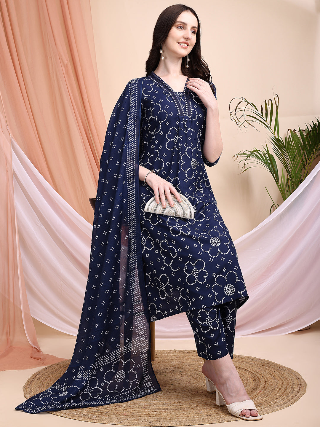 Embroidered & Bandhni A-Line Printed Kurta With Pant & Coordinated Dupatta, Navy Blue - Hiral Fashion | Grocsy